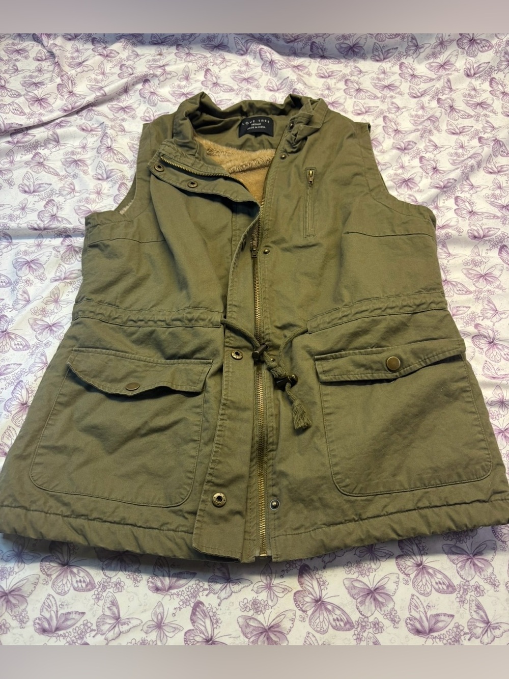 ⚛️Love Tree Olive Green Utility Vest with Faux Fur Lining